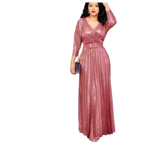 Women's Clothing Fashion Long Sleeve Bronzing Pleated Puffy Dress With Belt - Image 6