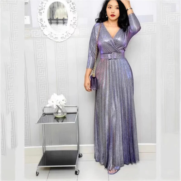 Women's Clothing Fashion Long Sleeve Bronzing Pleated Puffy Dress With Belt - Image 8