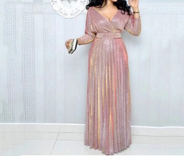 Women's Clothing Fashion Long Sleeve Bronzing Pleated Puffy Dress With Belt - Image 10