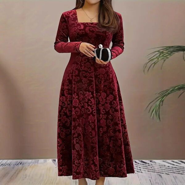 New Elegant Pure Color Jacquard Long Sleeve Square-neck Dress - Image 2